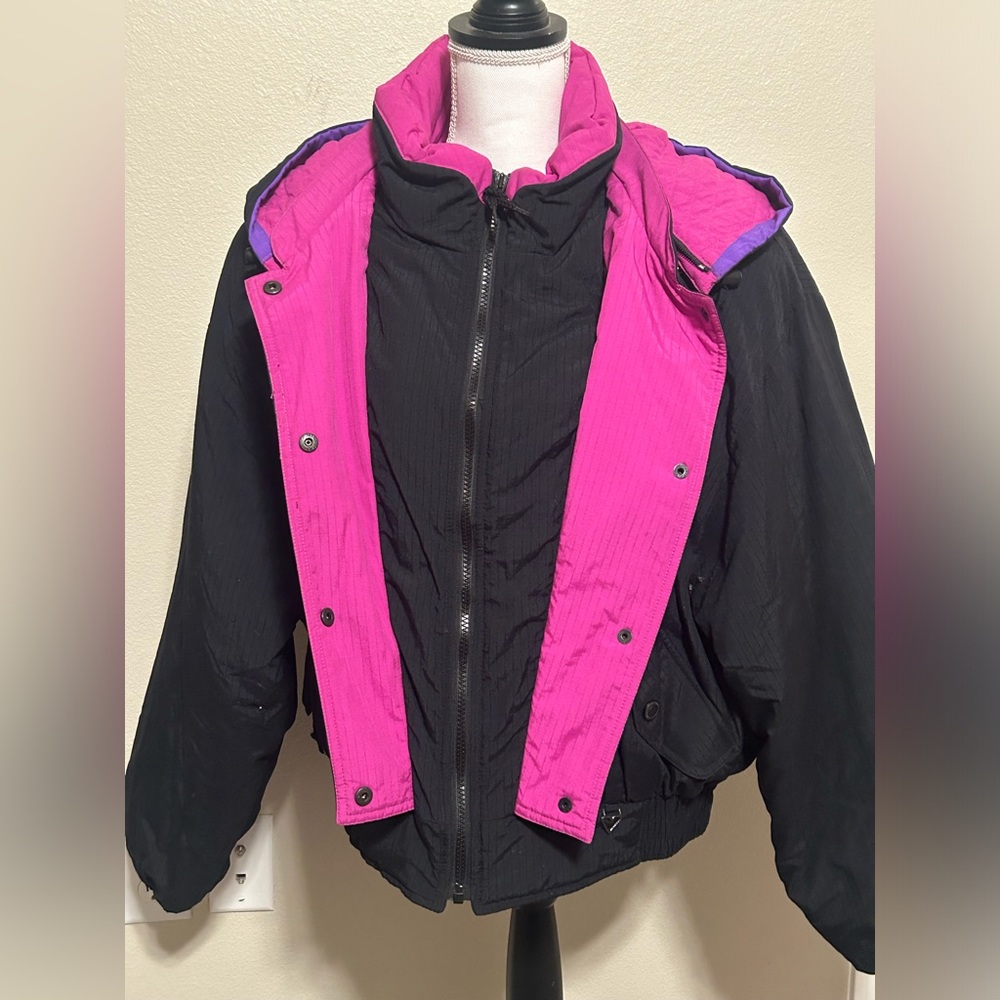 Vintage OBERMEYER Ski Jacket Womens 16 Black Pink Purple COAT Full Zip Skiwear